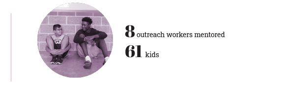 Two outreach workers sitting and talking, with text stating "8 outreach workers mentored 61 kids in the 2019/2020 Impact Report.
