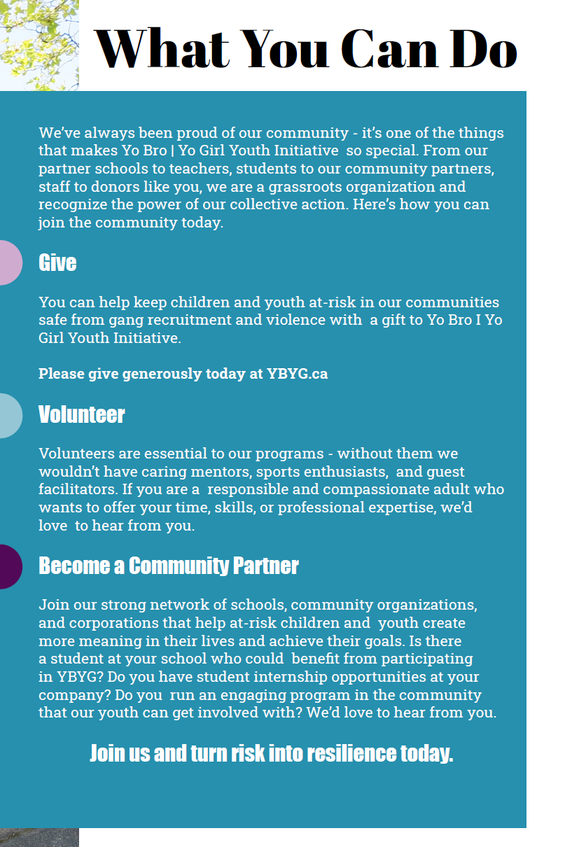 Promotional flyer for the yo bro | yo girl youth initiative, featuring the 2019/2020 Impact Report, and encouraging community participation and volunteer support.